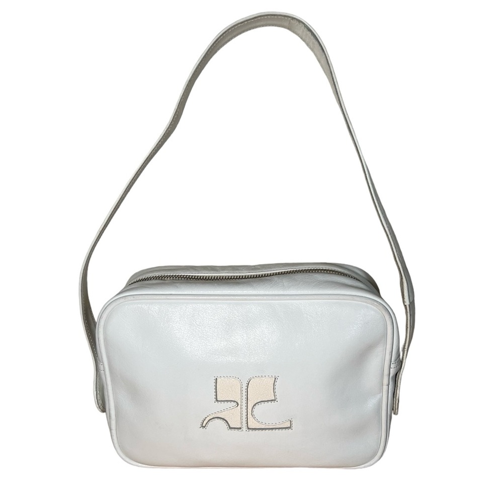 Courrèges vintage leather bag iconic camera bag with signature front logo white - Picture 3 of 16
